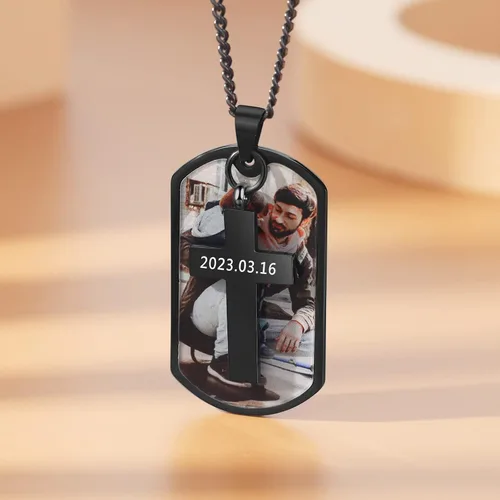 Vista 4 de Collar con foto personalizada para hombres, día del padre, etiqueta de perro con nombre personalizado para hombres, novio, collar conmemorativo