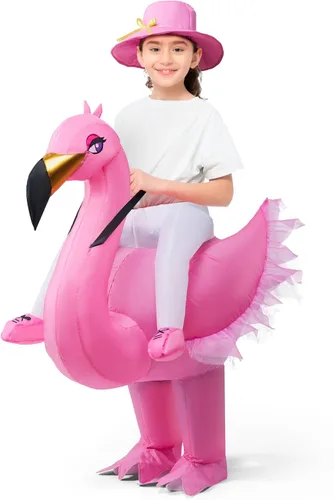 Vista 6 de Spooktacular Creations Disfraz inflable para niños, color rosa montando un elegante flamenco, disfraz de flamenco para Halloween, divertido traje
