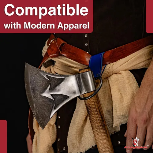 Vista 4 de Armory Replicas - Soporte de hacha de batalla vikingo medieval forjado a mano - Funda de cinturón de arma de cuero bovino funcional para disfraz