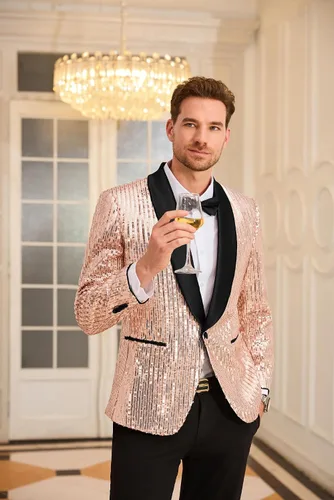 Vista 7 de GRACE KARIN Blazer de lentejuelas brillantes para hombre, con un botón, chal, solapa, esmoquin, fiesta, cena, baile de graduación