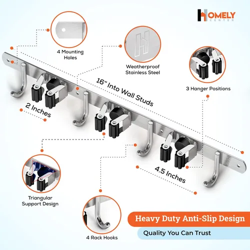 Vista 2 de Homely Center Soporte de pared para fregona y escoba, organizador de armario resistente para garaje, cocina, organización de lavandería, colgador