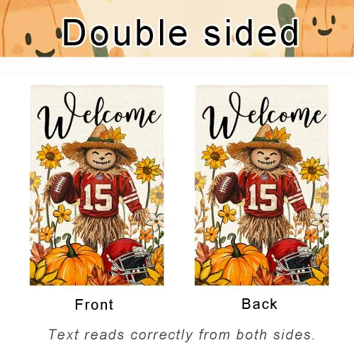 Vista 7 de Bandera de jardín de espantapájaros de otoño de 12 x 18 pulgadas, doble cara exterior, Acción de Gracias, fútbol, bienvenida, otoño, calabaza