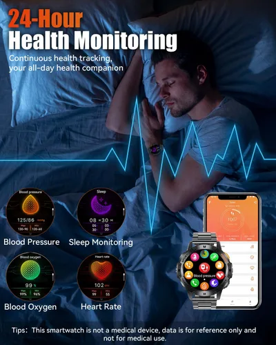 Vista 5 de Relojes inteligentes militares para hombres con llamada Bluetooth, reloj inteligente impermeable AMOLED de 1.43" con linterna, 111 modos deportivos