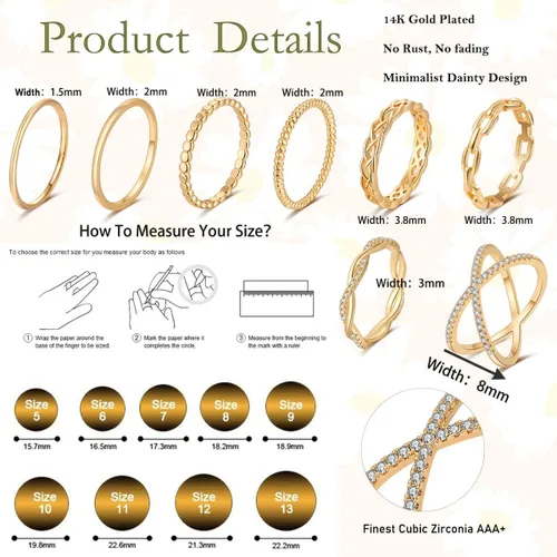 Vista 5 de TOBENY 8 anillos chapados en oro de 14 quilates para mujer, anillos apilables para nudillos, oro y plata, tamaño 4 a tamaño 12, anillos de 0.020in a