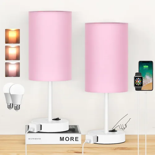Vista 10 de ZJOJO Juego de 2 lámparas de mesa para dormitorio, lámparas pequeñas de noche con interruptor basculante regulable de 3 vías y toma de corriente