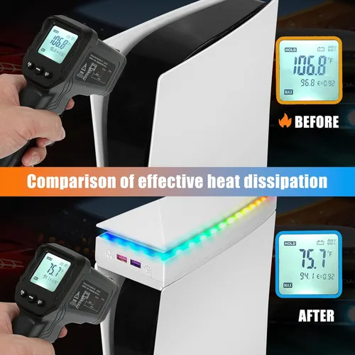 Vista 4 de Console Cooling Fan with Dust Cover Colorful LED Light for PS5 Console Disc Edition & Digital Edition Silent Absorb Fan Cooler with 2 USB Port