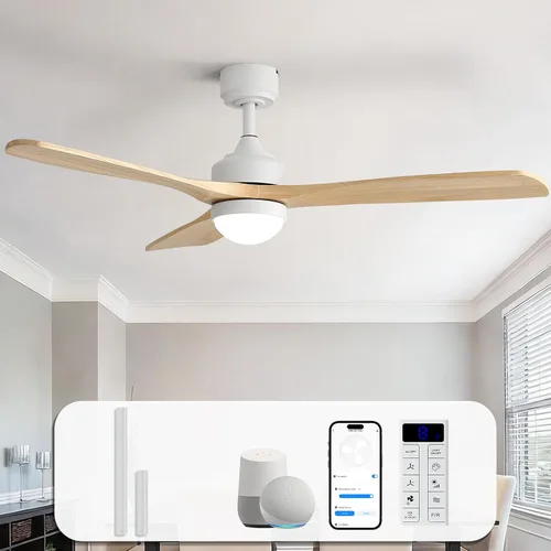 Vista 18 de Sofucor Ventilador de techo de madera maciza de 52 pulgadas, ventilador de techo de montaje empotrado y varilla descendente con luces y control
