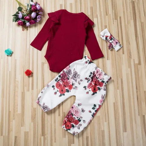Vista 3 de Conjunto de ropa de 2 piezas para bebé recién nacido, con volantes, pantalones florales, diadema, otoño e invierno