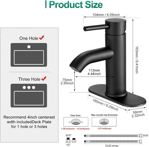 Vista 5 de Grifo de Baño Negro de Una Sola Manija, Grifo de Lavabo de Baño con Desagüe Pop-up, Grifo de Lavabo RV, Grifo Mezclador de Lavabo con Placa