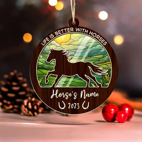 Vista 7 de Artsy Woodsy Adornos de madera para árbol de Navidad, regalos únicos para amantes de los caballos, accesorios para espejo trasero vintage de vaquero