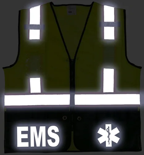 Vista 3 de Chaleco de seguridad EMS Survivor, Tipo R Clase 2, logotipos reflectantes con bolsillo trasero gigante. Amarillo con plata/logotipo reflectante