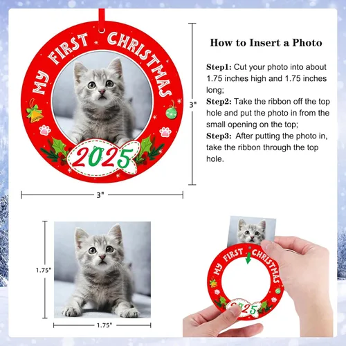 Vista 4 de PETCEE Adornos de gato para árbol de Navidad - Mi Primera Navidad Ornamento 2025 Marco de fotos de gatito Adornos personalizados para colgar fotos