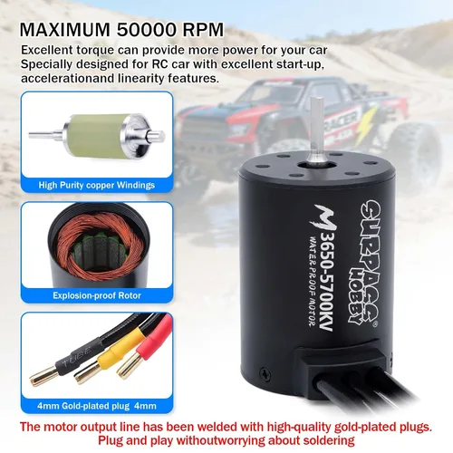Vista 5 de SurpassHobby 3650 5700KV Motor sin escobillas de alta velocidad impermeable eje 0.125 in motor y para control remoto 1/0 coches camiones vehículos