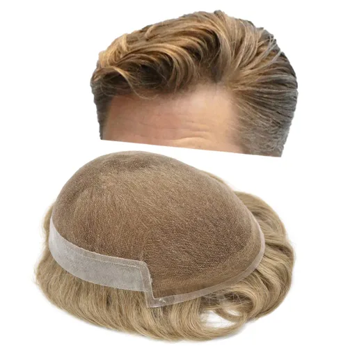 Vista 53 de Tupé de encaje suizo para hombres, piezas de cabello humano real, encaje frontal, sistema de reemplazo de cabello tipo tupé, nudo blanqueado, línea