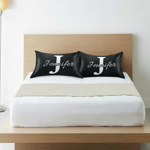 Vista 8 de Fundas de almohada negras personalizadas de seda con cierre de sobre, funda de almohada de satén tamaño estándar para personas que duermen