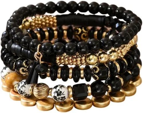 Vista 20 de 4 piezas de juego de pulseras bohemias apilables de múltiples capas con cuentas de cristal coloridas, pulseras elásticas con cuentas de oro Verde