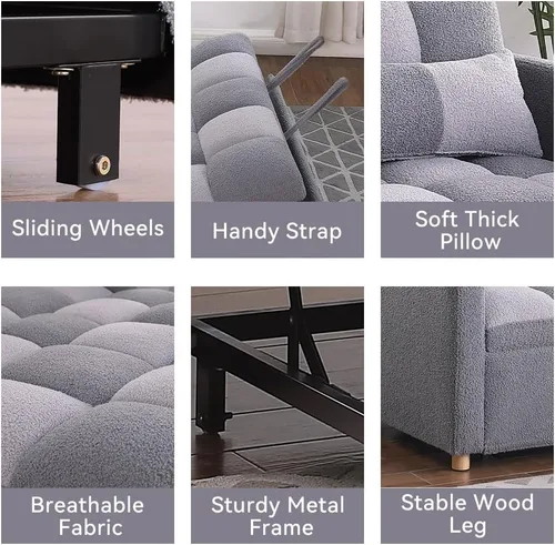 Vista 9 de Sofá cama biplaza, sofá cama convertible 3 en 1, sofá cama extraíble con respaldo ajustable, sillón multifuncional con tela de peluche para sala