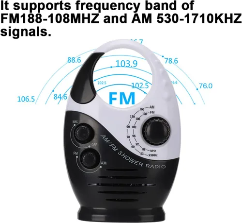 Vista 6 de Radio de ducha impermeable, radio AM/FM con altavoces de volumen ajustables, altavoces portátiles alimentados por batería con mango de gancho