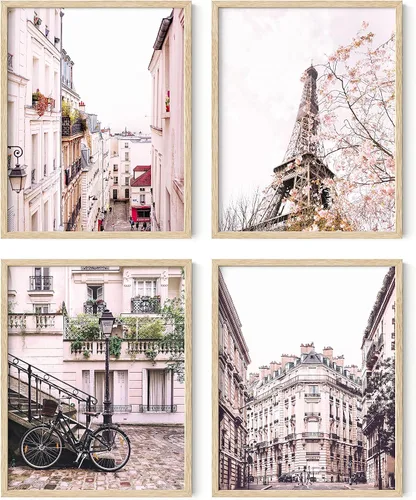 Vista 14 de HAUS AND HUES Decoración de pared de París rosa, juego de 4 impresiones artísticas de París, decoración estética de París para dormitorio o baño