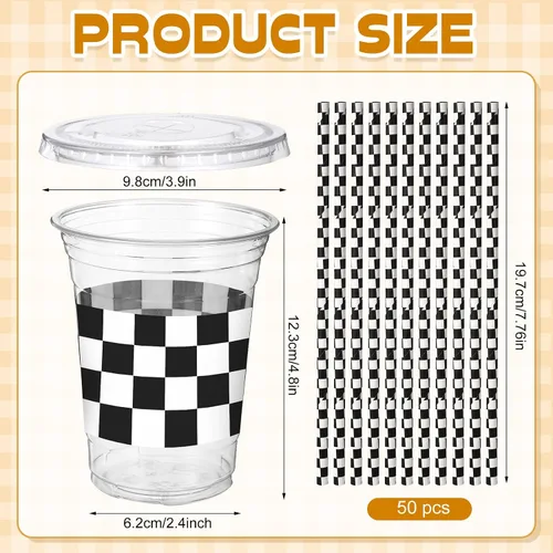 Vista 3 de Sliner 50 juegos de vasos de plástico a cuadros de 16 onzas con tapas y pajitas de papel, vasos desechables transparentes para fiesta de autos