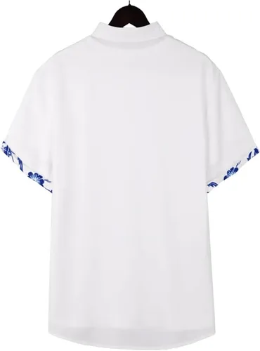Vista 3 de QIVICIMA Camisa hawaiana de lino de manga corta para hombre, color blanco, rosa, azul cielo, camisa con botones y estampado casual