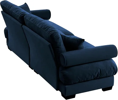 Vista 3 de Sofá de dos plazas de terciopelo azul moderno de gran tamaño con reposabrazos reforzados y almohadas decorativas para sala de estar, loft, oficina