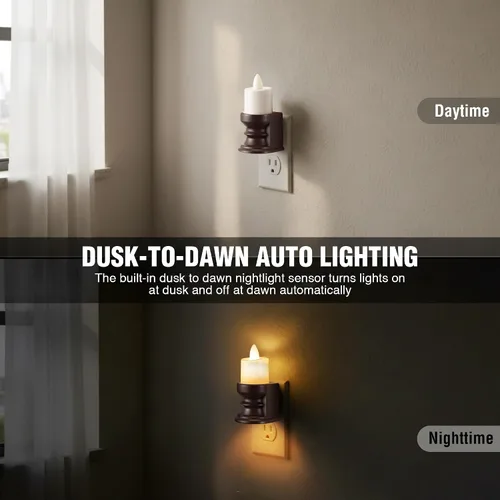 Vista 4 de Meonum - Luz nocturna de vela sin llama parpadeante enchufable, luz nocturna LED regulable con sensor de atardecer a amanecer, luz decorativa