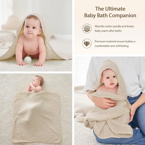 Vista 4 de Unnivoll - Toallas con capucha para bebés recién nacidos - Paquete de 2, 100% algodón muselina, toallas de baño para bebés con capucha, suaves