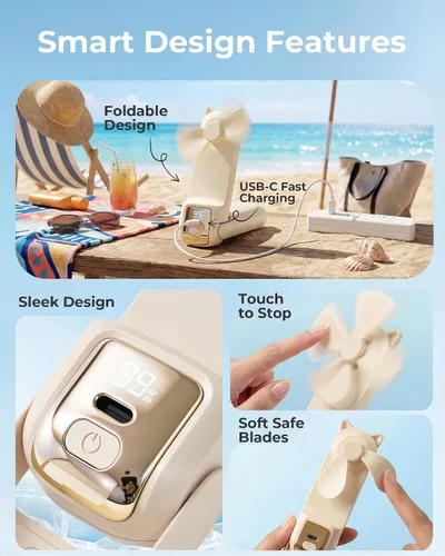 Vista 7 de FrSara Ventilador de mano portátil, pequeño ventilador personal recargable, artículos esenciales de viaje de verano con 3 velocidades, 2000 mAh