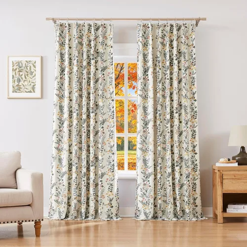 Vista 12 de Kayne Studio Cortinas opacas con estampado botánico de lino y hojas florales grises, cortinas de granja con bloqueo de luz de eficiencia energética