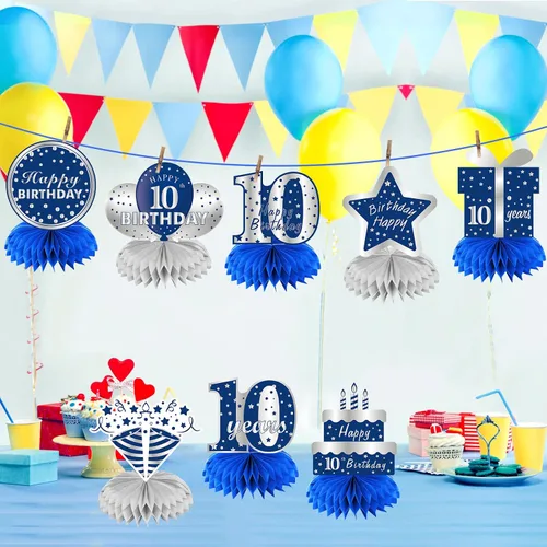 Vista 3 de 8 centros de mesa de panal azul plateado para décimo cumpleaños de niños, suministros de fiesta de cumpleaños para decoración de mesa, decoración
