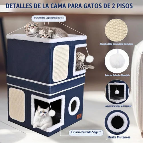 Vista 5 de Casa de Gato de 2 Pisos para Gatos de Interior, Cama de Cueva de Gato de Dos Propósitos con Almohadilla para Arañar y Bola Esponjosa, Escondite