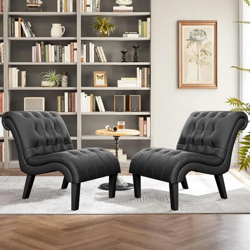 Vista 8 de Silla decorativa de piel sintética negra moderna con botones capitoné tapizada sin brazos para dormitorio, sala de estar con patas de madera Silla