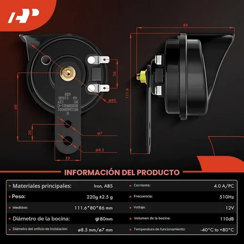 Vista 3 de A-Premium - Bocina de caracol alta universal eléctrica - 12V 110dB - Compatible con la mayoría de los coches de pasajeros, vehículos