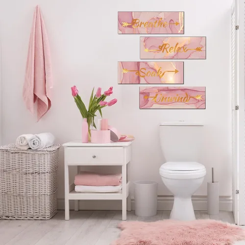 Vista 4 de Lnond 4 piezas de decoración de pared de baño de mármol dorado rosa, decoración de letreros de relajación y respiración, arte de pared colgante