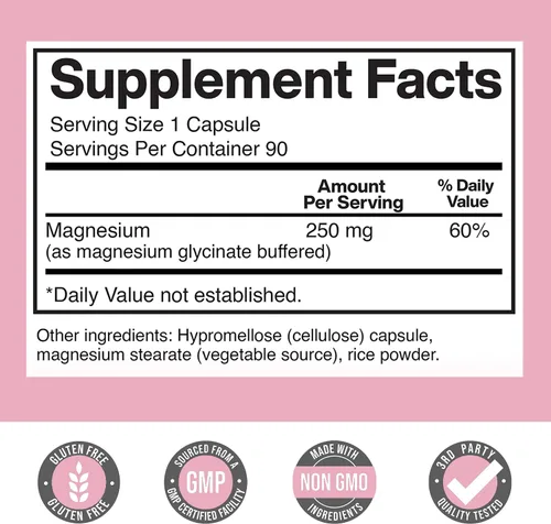 Vista 2 de Glicinato de magnesio para mujeres 250mg por una cápsula, glicinato de magnesio quelatado para ella, 90 cápsulas, suministro de 90 días