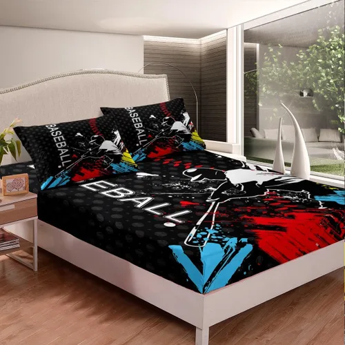 Vista 2 de Erosebridal Sábana bajera ajustable de béisbol tamaño individual, juego de cama de juegos deportivos para niños, niñas, adolescentes y adultos