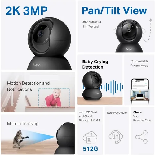 Vista 2 de Tapo Cámara de seguridad interior 2K Pan/Tilt para monitor de bebé, cámara para mascotas, detección de movimiento y seguimiento, audio de 2 vías