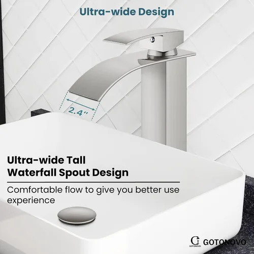 Vista 5 de gotonovo Grifo de Baño Alto Tipo Cascada de Una Sola Manija Grifos de Baño para Lavabo de 1 Agujero Grifo de Lavabo de Acero Inoxidable Tipo Vessel
