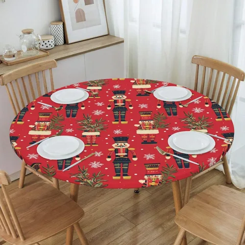 Vista 4 de Delerain Mantel redondo ajustable de Cascanueces de Navidad, mantel redondo impermeable con borde elástico, lavable, para interiores y exteriores