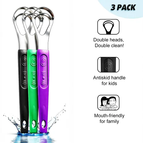 Vista 3 de Paquete de 3 raspadores de lengua de metal para niños y adultos, limpiador de lengua de acero inoxidable con estuche de viaje