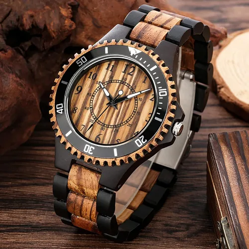 Vista 3 de Reloj de cuarzo de madera con cebra de ébano marrón y negro para hombre, cierre plegable, correa de madera, números arábigos, visualización