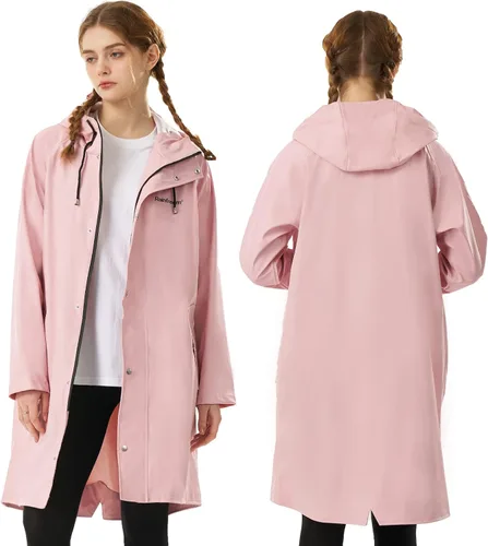 Vista 2 de RAINFREEM Chubasquero para mujer, impermeable, con capucha, abrigo de senderismo, ligero, rompevientos, gabardina