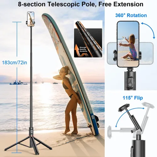 Vista 2 de Trípode para selfie stick para iPhone, trípode ligero de 72 pulgadas con control remoto inalámbrico y soporte de zapata fría, palo selfie extensible
