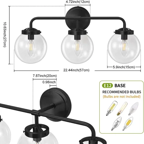 Vista 2 de Lámparas de Tocador de Baño Negras Sobre Espejo, Aplique de Pared Moderno Negro Mate de 3 Luces con Pantalla de Bola de Vidrio Transparente, Luces
