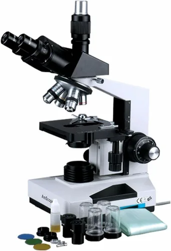 Vista 7 de AmScope T490B Microscopio trinocular compuesto, ampliación de 40X-2000X, luz halógena, condensador Abbe, mesa mecánica de 2 capas, óptica de alta