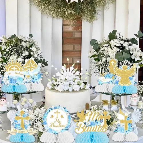 Vista 2 de 8 piezas de centro de mesa Mi Bautizo de panal, decoración de mesa de primera comunión 3D, decoración de mesa 3D azul floral Dios bendiga baby
