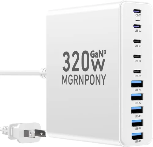 Vista 10 de Bloque de Cargador USB C de 320W, Estación de Carga de 10 Puertos USB C GaN III PD 65W Adaptador de Carga Rápida para Laptop para MacBook Pro/Air