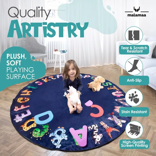 Vista 4 de ABC - Alfombra del alfabeto para niños, alfombra de juego redonda azul de 6 pies para niños pequeños y bebés, decoración suave para el cuarto