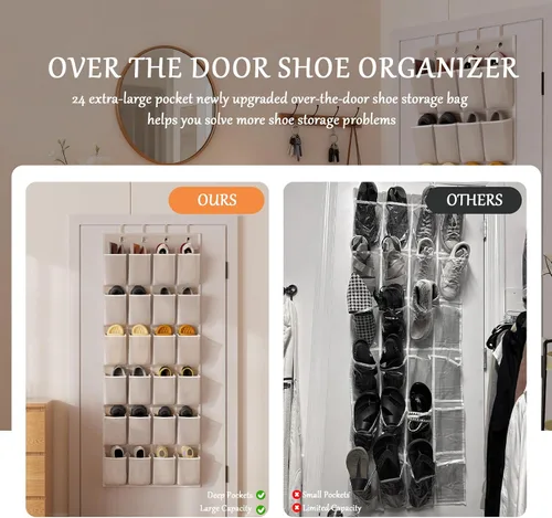 Vista 6 de homyfort Organizador de zapatos sobre la puerta, 24 bolsillos grandes de malla transpirable, estante colgante para zapatos que ahorra espacio